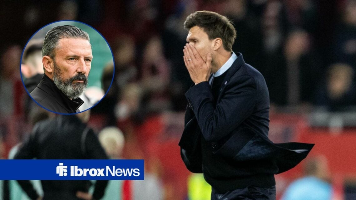 Hearts manager Derek McInnes looking in the direction of Rangers manager, Danny Rohl.