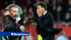 Hearts manager Derek McInnes looking in the direction of Rangers manager, Danny Rohl.