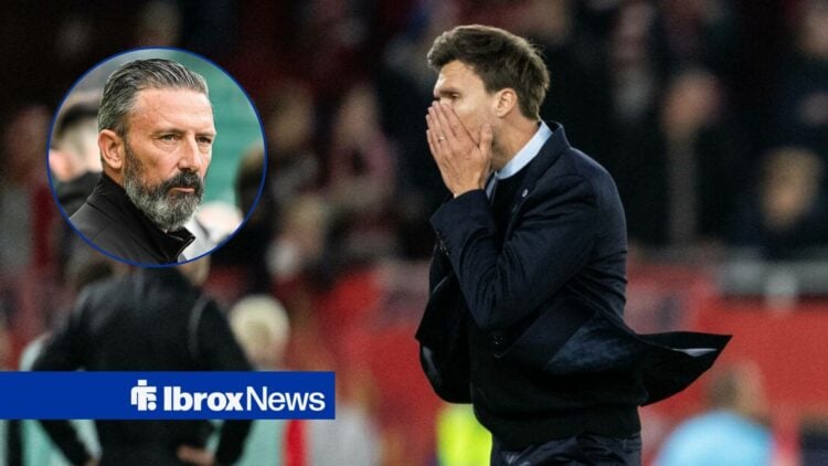 Hearts manager Derek McInnes looking in the direction of Rangers manager, Danny Rohl.