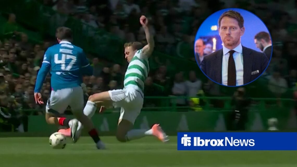 Celtic's Alistair Johnston sliding in on Rangers' Mikey Moore with Michael Stewart in circular inset