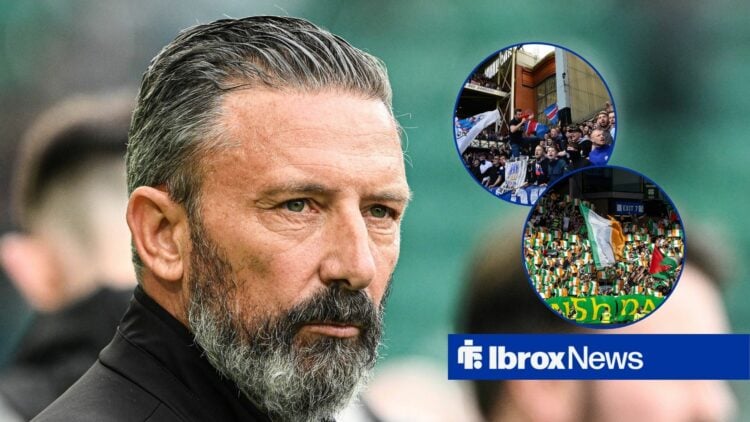 Hearts manager Derek McInnes looking at Rangers and Celtic fans who are both inside of Ibrox.