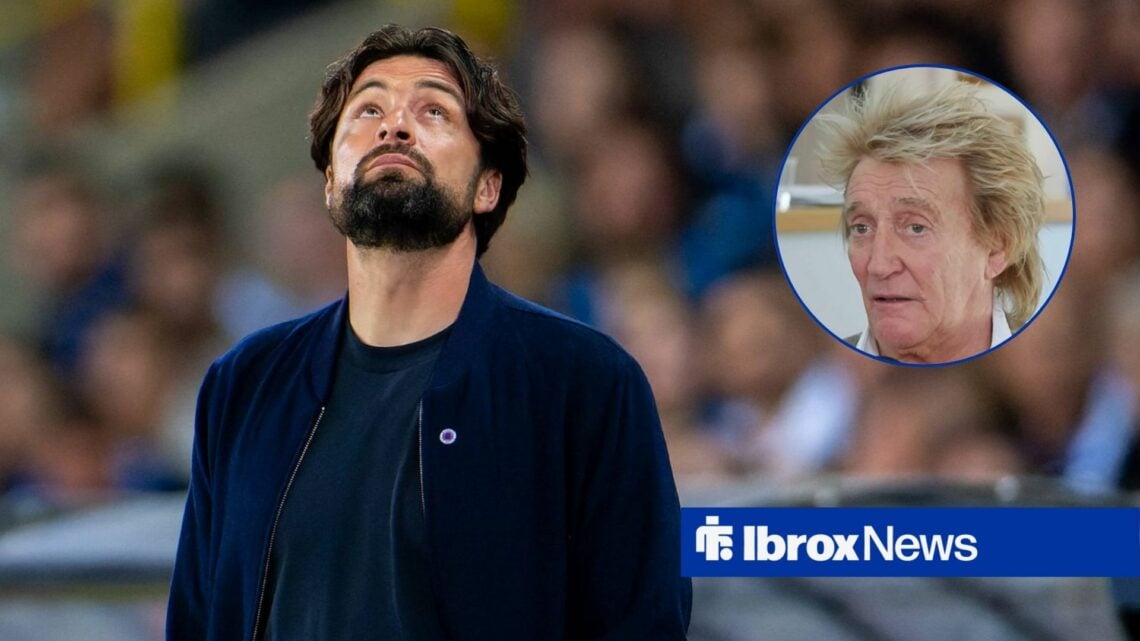 Former Rangers boss Russell Martin looking up at the sky as Rod Stewart looks to his left.
