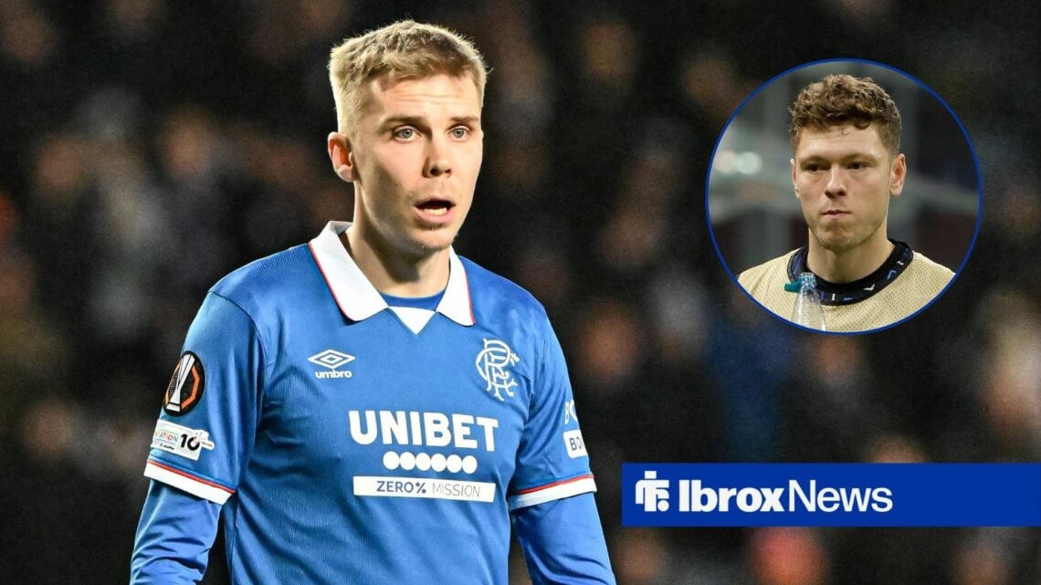 Oliver Antman in action for Rangers with Andreas Skov Olsen in circular inset