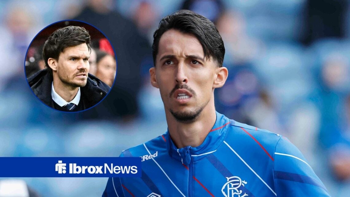 Bojan Miovski in action for Rangers with Danny Rohl looking on from circular inset