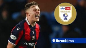 RECORD DATE NOT STATED 17th January 2026 Rugby Park, Kilmarnock, Scotland: Scottish Cup Football, Kilmarnock versus Dundee Luke Graham of Dundee celebrates at the end of the match with Sky Bet Championship crest in circular inset