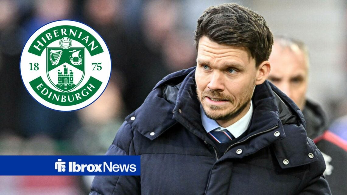 Danny Rohl watches on from the sidelines looking towards a circle inset of the Hibernian badge