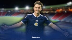 Rangers winger Findlay Curtis celebrating in a Scotland shirt