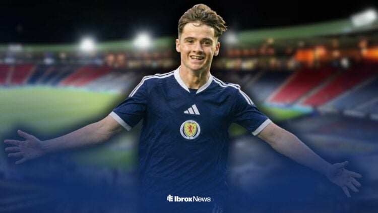 Rangers winger Findlay Curtis celebrating in a Scotland shirt
