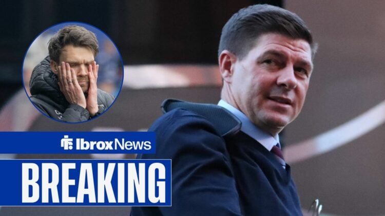 Steven Gerrard smiling looking towards a circle inset of Danny Rohl looking distraught