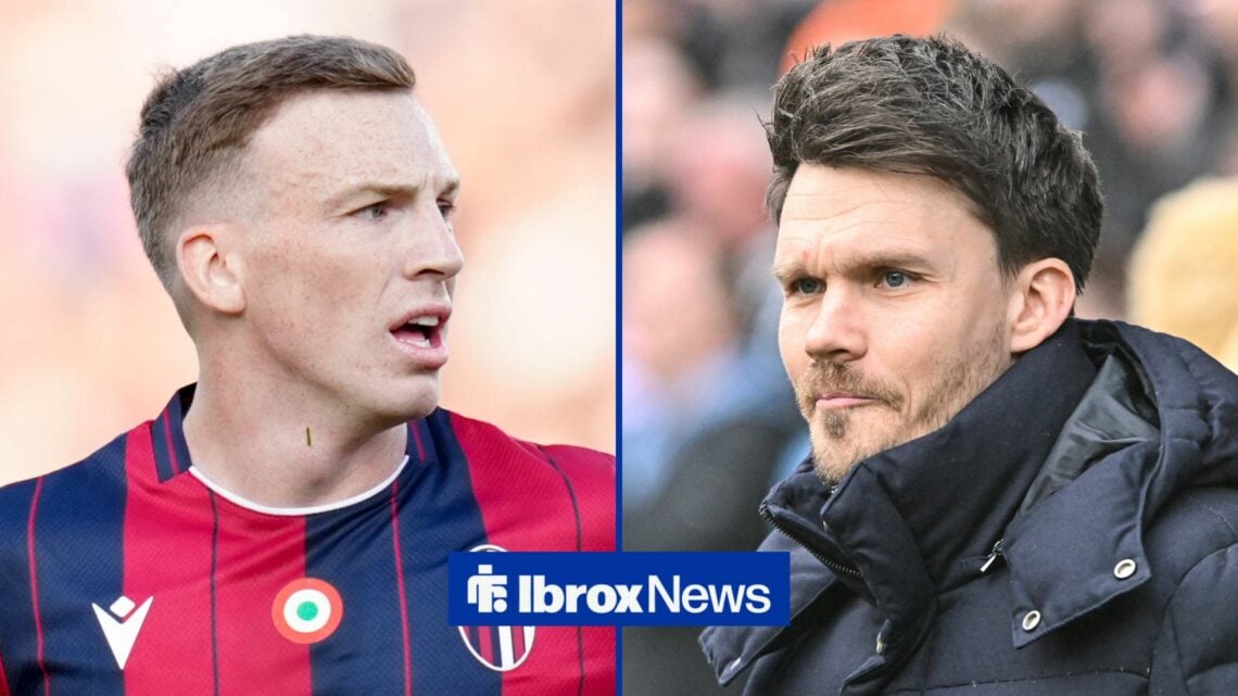 Lewis Ferguson in action for Bologna on the left with Danny Rohl at Rangers on the right