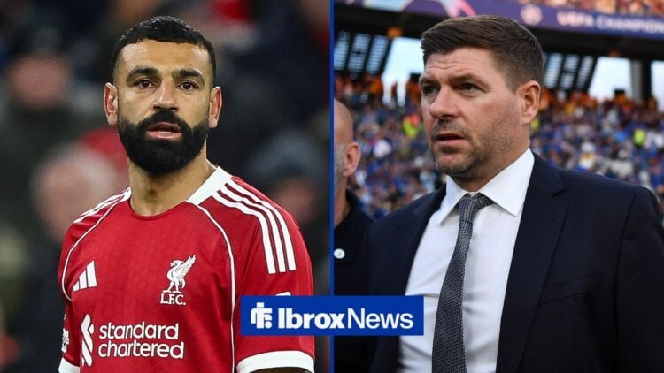 Liverpool's Mohamed Salah looking in the direction of former Rangers manager, Steven Gerrard.