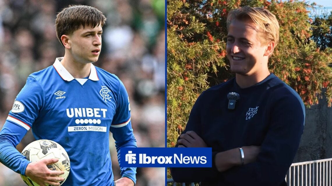 Mikey Moore in action for Rangers on the left wtih Oskar Fallenius in an interview on the right