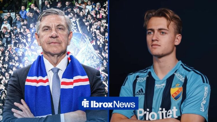 Rangers chairman Andrew Cavenagh looking at Djurgarden FC player, Oskar Fallenius.