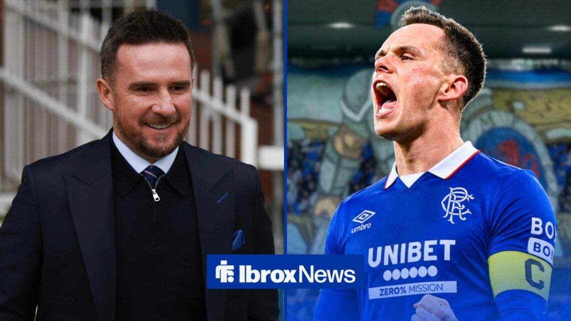 Former interim Rangers head coach Barry Ferguson looking at Lawrence Shankland who is wearing a Rangers kit.