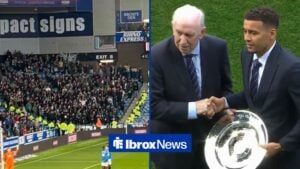 Hibernian fans at Ibrox alongside James Tavernier holding a trophy at Rangers