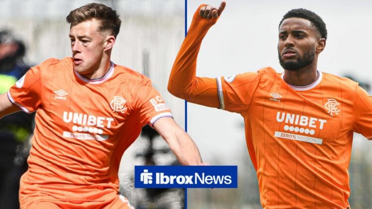 Connor Barron of Rangers during the William Hill Premiership match at the Falkirk Stadium and Youssef Chermiti of Rangers celebrates his sides win ...