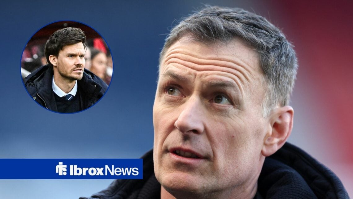 Chris Sutton, former professional player and pundit looks on prior to the Viaplay Cup Final between Rangers and Celtic in 2023, Danny Rohl looks an...