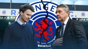 Danny Rohl and Andrew Cavenagh at Ibrox with a cracking Rangers badge in the background.