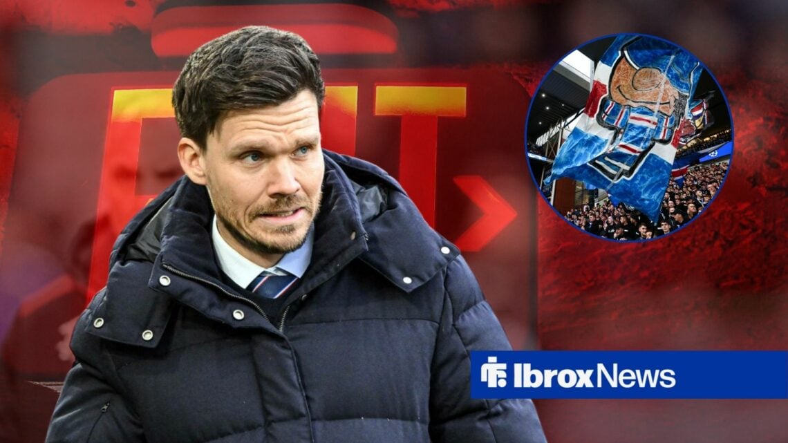 Danny Rohl looking miserable vs Hibernian, Rangers fans in inset.