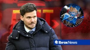 Danny Rohl looking miserable vs Hibernian, Rangers fans in inset.