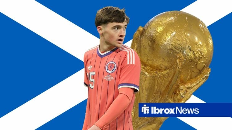 Findlay Curtis playing for Scotland vs Japan, with flag and World Cup trophy in background.