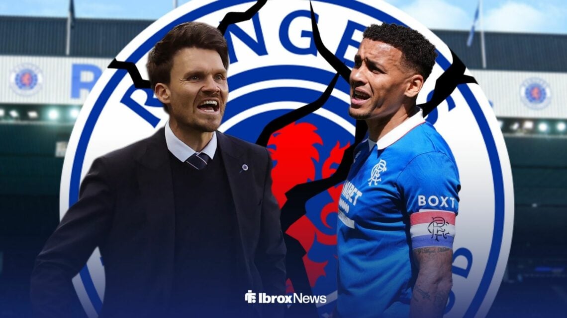 James Tavernier and Danny Rohl with cracked Rangers badge in background.