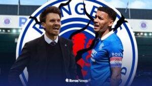 James Tavernier and Danny Rohl with cracked Rangers badge in background.