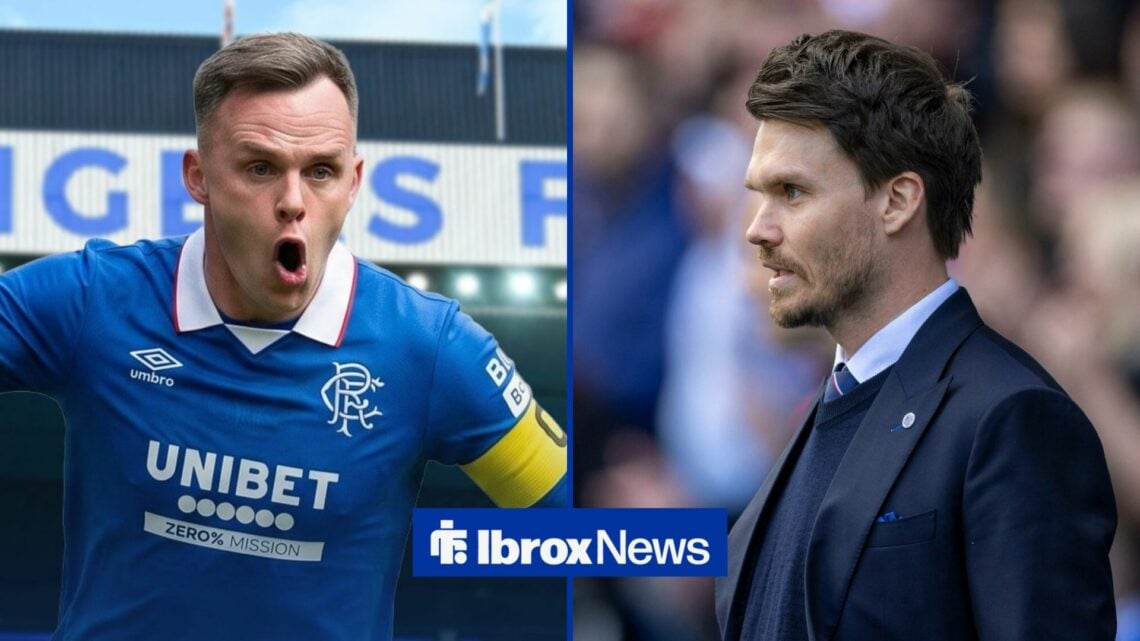 Lawrence Shankland in a Rangers shirt, Danny Rohl on the sidelines.