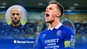 Lawrence Shankland in a Rangers shirt, Kemar Roofe confused in inset.