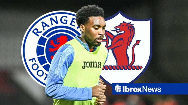 Rangers loanee Paul Nsio at Raith Rovers warms up during the KDM Evolution Trophy Semi-final match vs Airdrieonians, Rangers and Raith badges in ba...