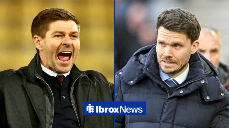 Split image of Steven Gerrard and Rangers manager Danny Rohl
