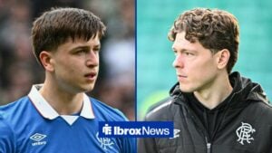 Split image of Rangers forward Mikey Moore and Andreas Skov Olsen