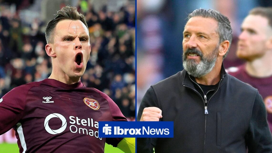Split image of Hearts striker Lawrence Shankland and Derek McInnes