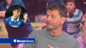 Tim Sherwood speaking in Sky Sports studio, Mikey Moore in inset in action for Rangers.