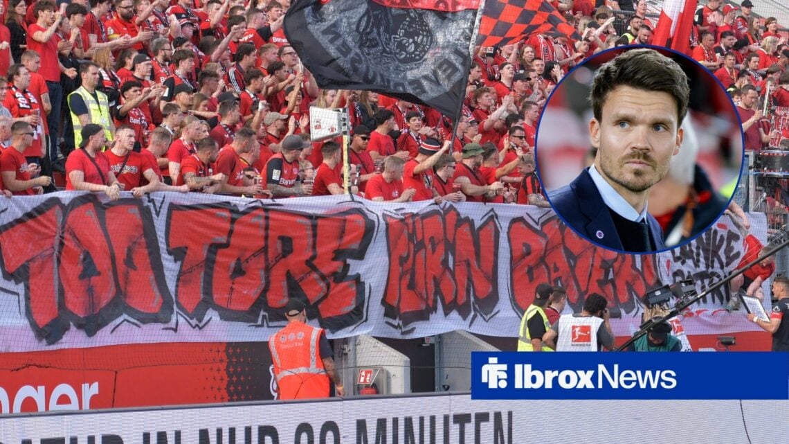 The Bayer Leverkusen fans, with a circular inset of Danny Rohl in charge of Rangers.