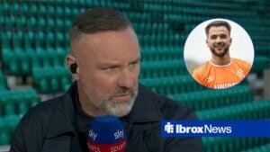 Kris Boyd looking towards a circular frame inset of Nicolas Raskin