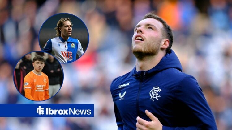 Leon King warming up for Rangers, with Todd Cantwell and Mikey Moore in circular frames inset