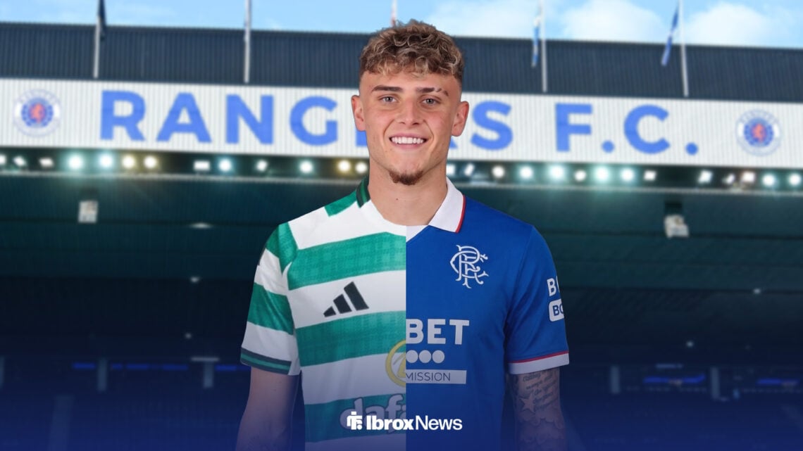 Bobby Clark in a half-and-half Rangers and Celtic shirt with Ibrox Stadium in the background