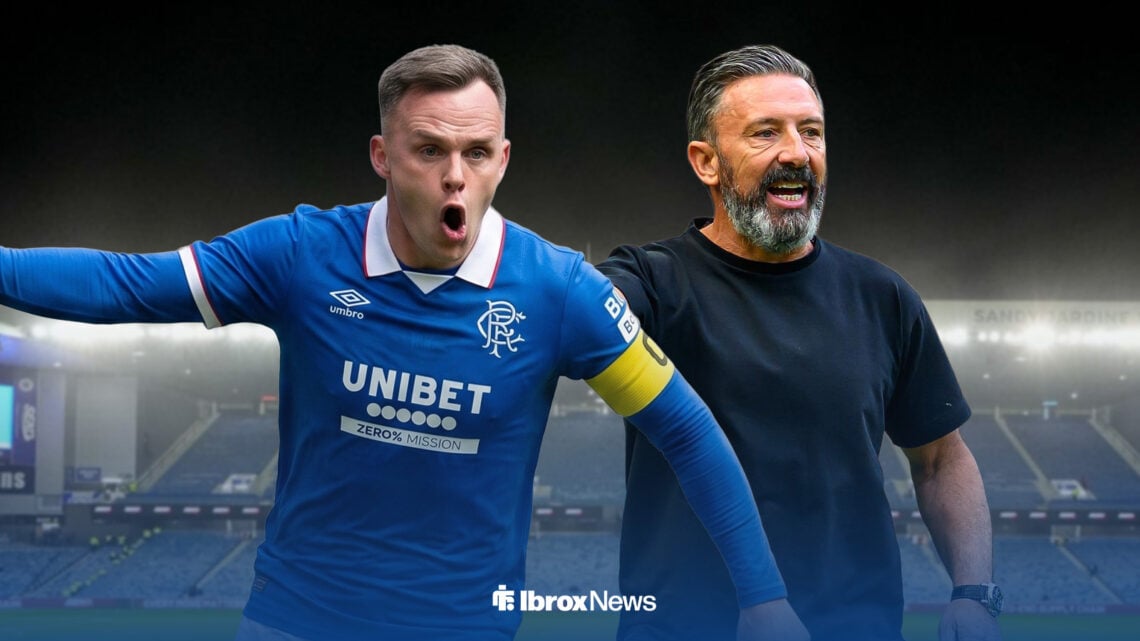 Lawrence Shankland celebrating in Rangers kit alongside Derek McInnes ahead of Ibrox