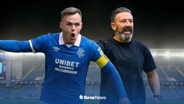 Lawrence Shankland celebrating in Rangers kit alongside Derek McInnes ahead of Ibrox