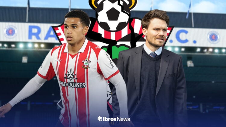 Shea Charles in action for Southampton in front of Ibrox alongside Danny Rohl.
