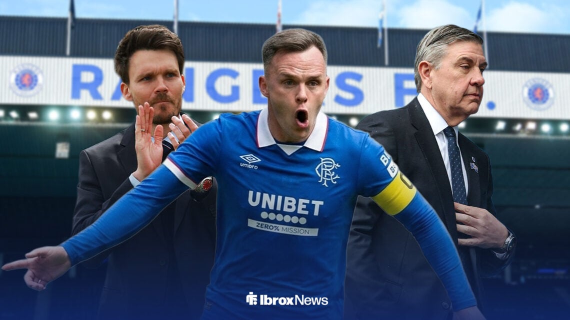 Lawrence Shankland in Rangers kit with Danny Rohl and Andrew Cavenagh at Ibrox