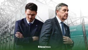 Danny Rohl, Rangers boss, looking at 49ers San Fransisco Enterprise owner, Andrew Cavenagh, outside of Celtic's stadium, Celtic Park.