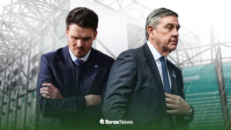Danny Rohl, Rangers boss, looking at 49ers San Fransisco Enterprise owner, Andrew Cavenagh, outside of Celtic's stadium, Celtic Park.