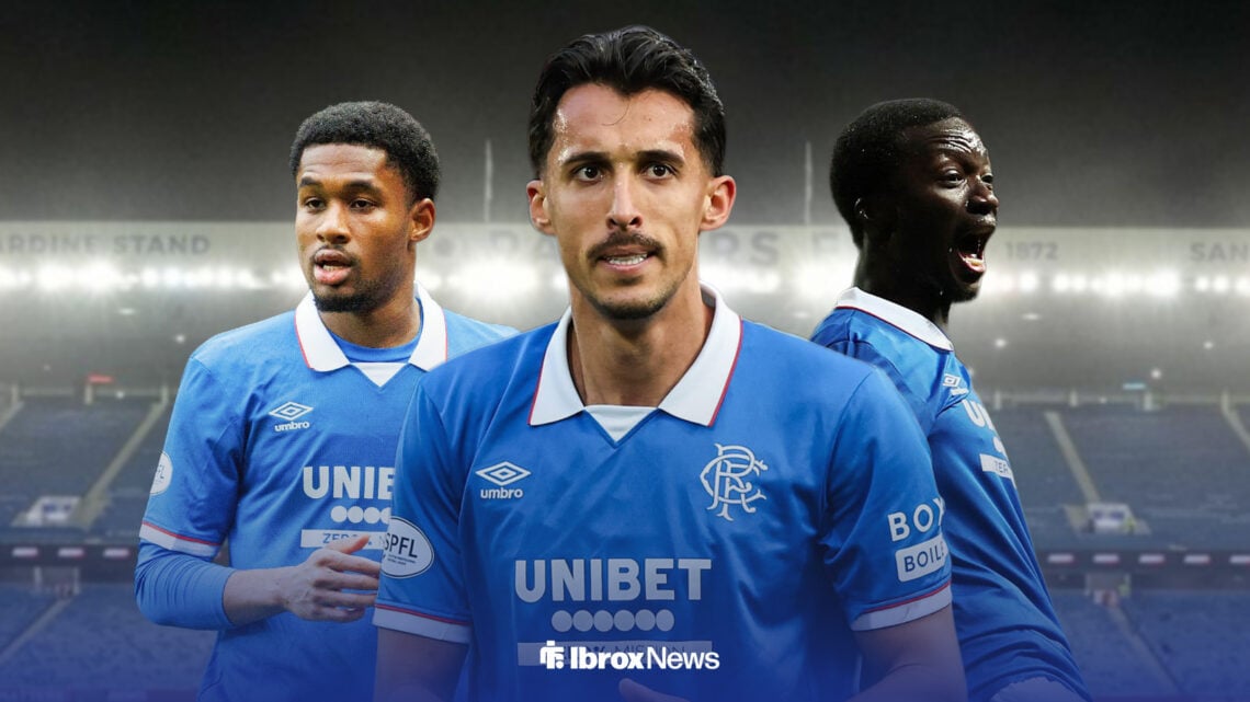 Mohammed Diomande, Bojan Miovski and Jayden Meghoma at Ibrox.