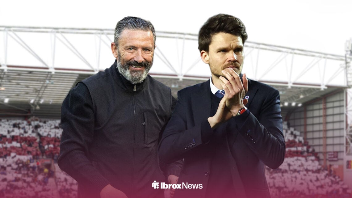 Derek McInnes and Danny Rohl standing in front of a Tynecastle background