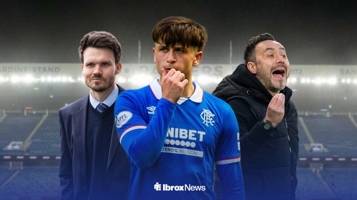 Mikey Moore in action for Rangers, with Danny Rohl and Roberto De Zerbi either side