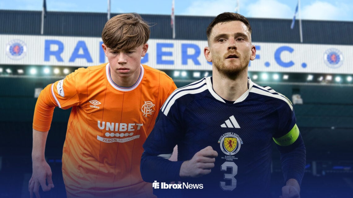Ashton Scally in Rangers away kit with Andrew Robertson in Scotland kit ahead of Ibrox