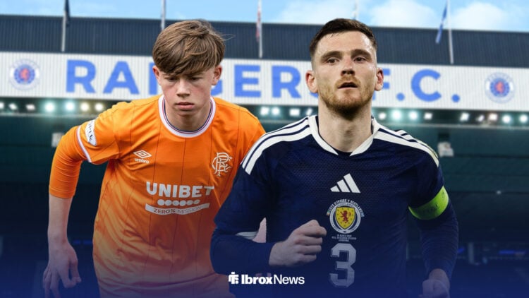 Ashton Scally in Rangers away kit with Andrew Robertson in Scotland kit ahead of Ibrox