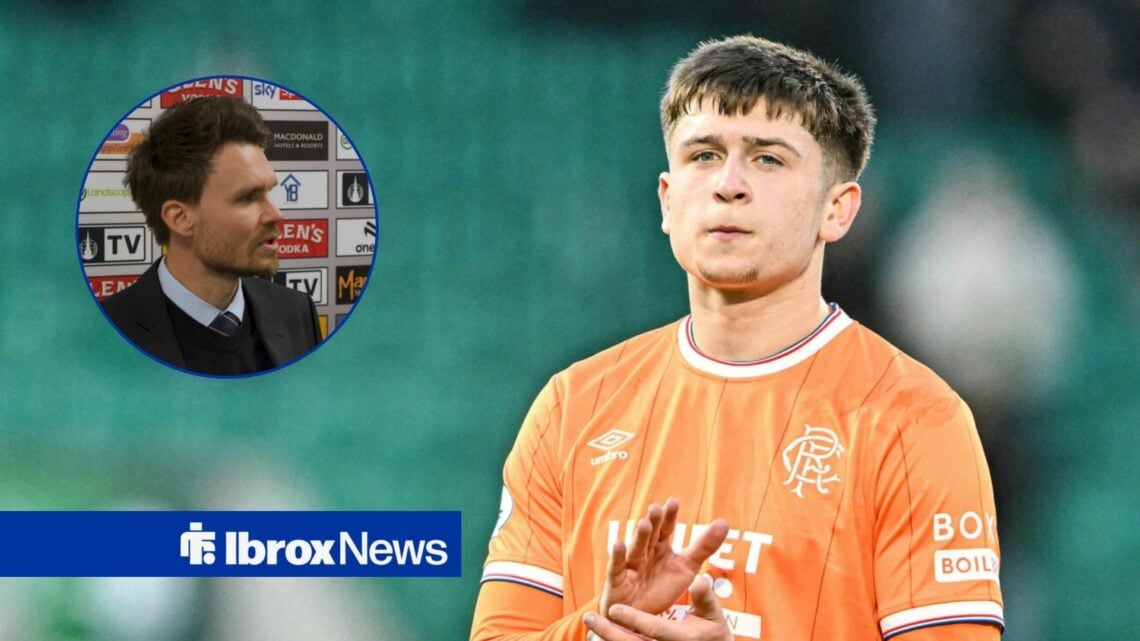 Mikey Moore applauds Rangers fans, with Danny Rohl speaking at a press conference in a circular frame inset